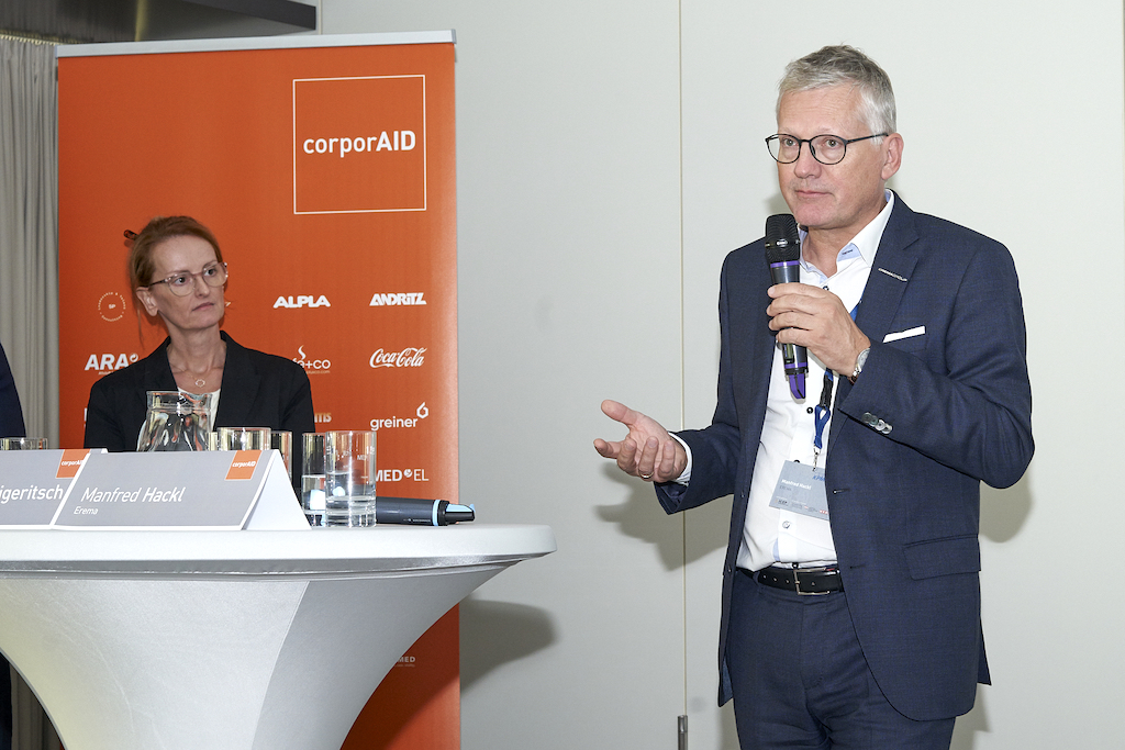Manfred Hackl (EREMA) und Dorothea Wiplinger (Borealis) beim corporAID Multilogue: The Wider Circle am 12. September 2019 in Wien