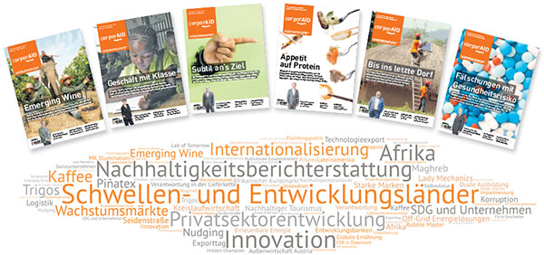 Mehrere corporAID Magazine mit Schlagwörtern darunter