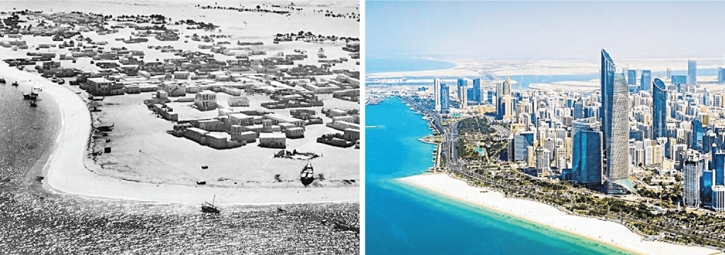 Vergleichsbild: links historische Schwarzweißaufnahme einer Küstensiedlung im Wüstengebiet, rechts moderne Skyline mit Hochhäusern an einem türkisblauen Meer.