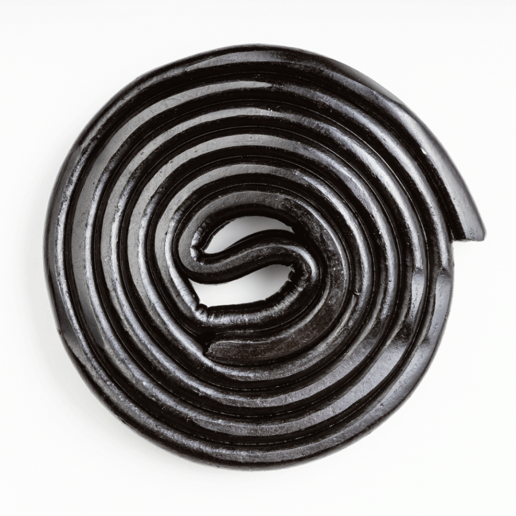 Schwarzes, glänzendes Lakritzrad in Spiralform vor weißem Hintergrund.