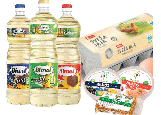 Verschiedene Lebensmittelprodukte mit Sojabestandteilen, darunter Speiseöl, Eier, Hummus und Tofu.