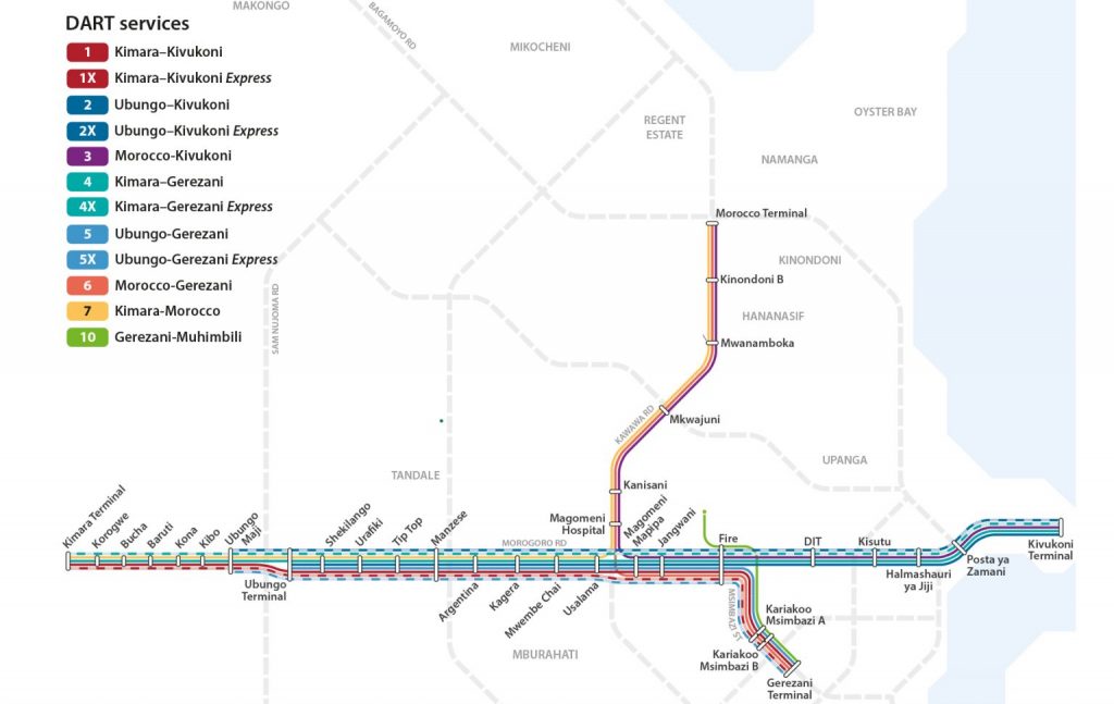 Netzplan des Schnellbussystems in Daressalam