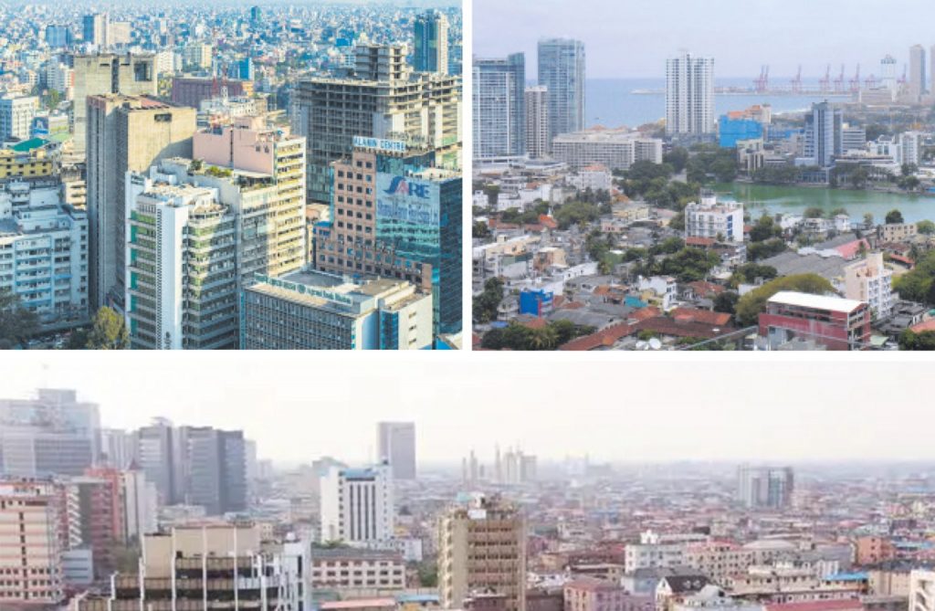 Collage mit Skyline-Fotos von dicht bebauten Großstädten mit Hochhäusern und urbaner Küstenlandschaft.